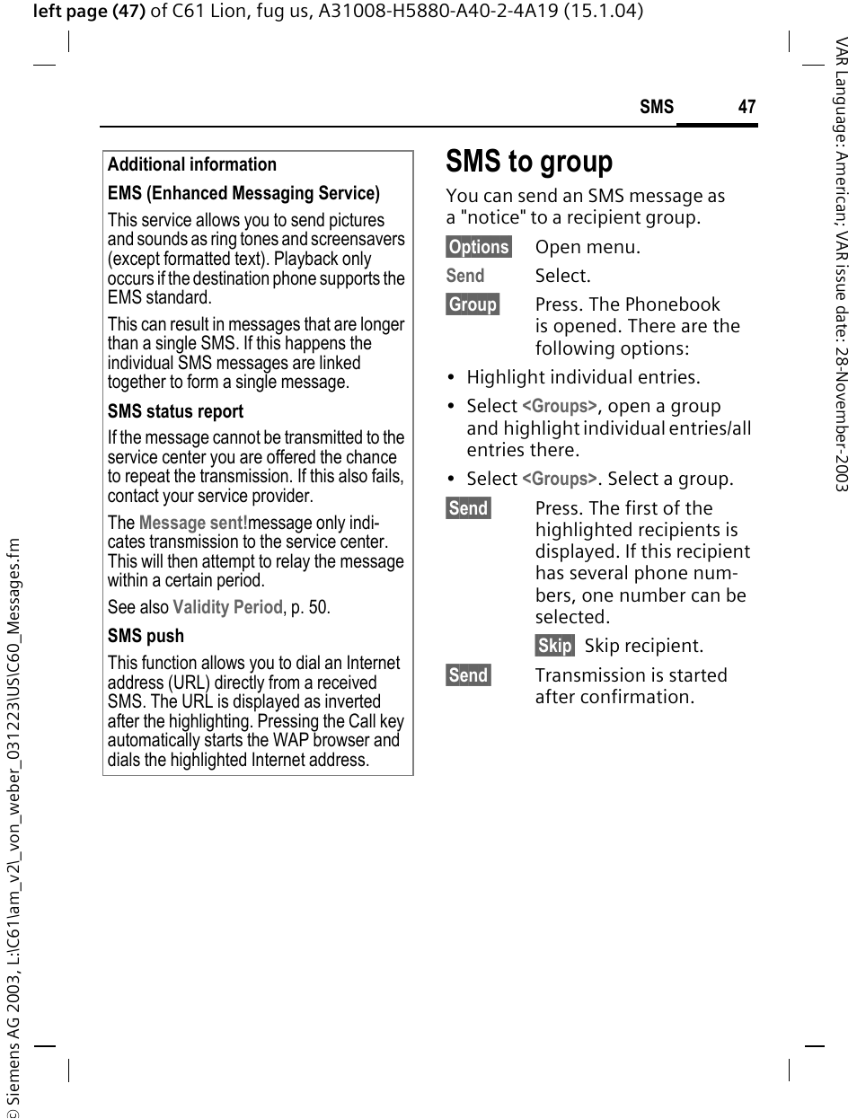 Sms to group, P. 47, P. 47) | Siemens C61 User Manual | Page 48 / 116