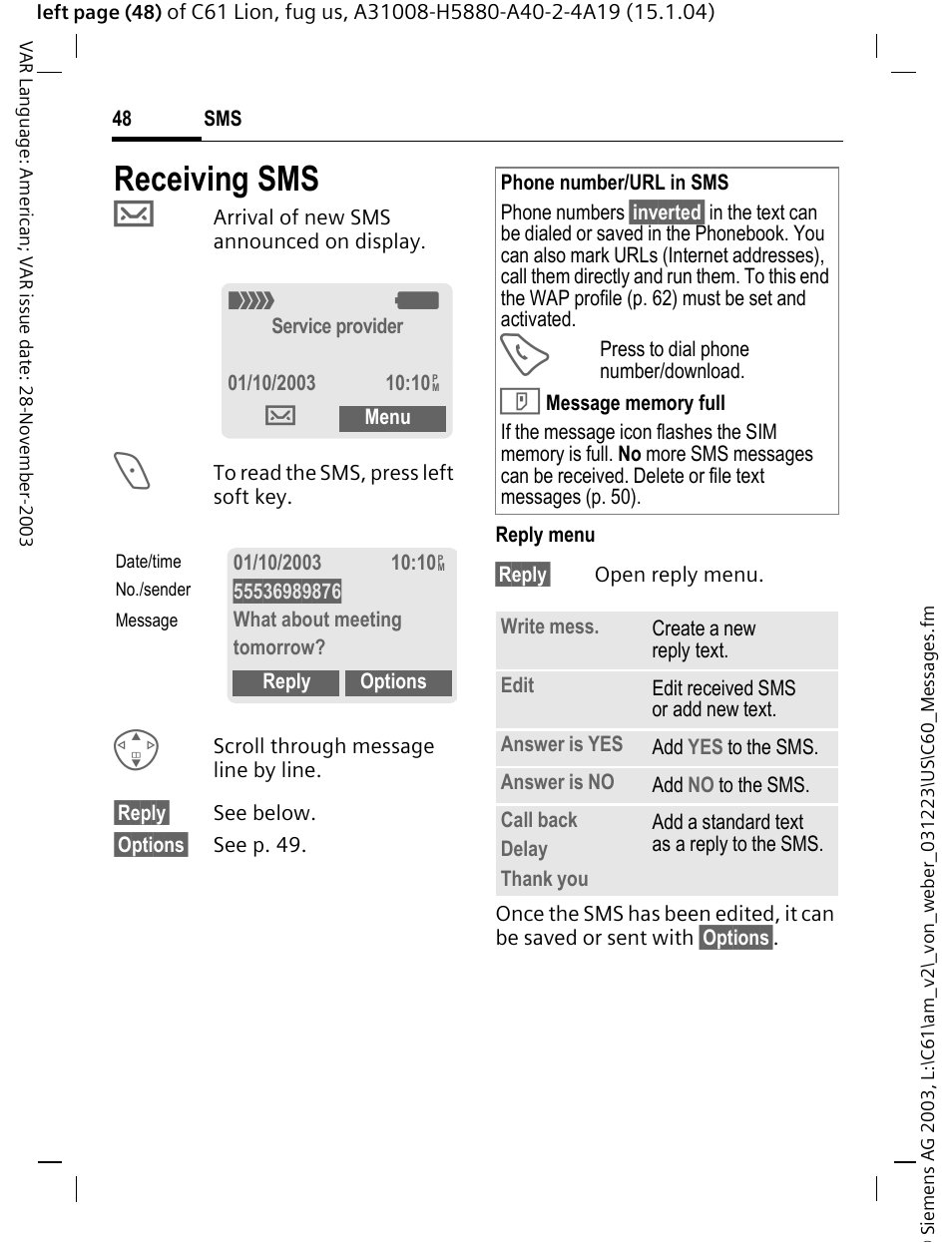 Receiving sms | Siemens C61 User Manual | Page 49 / 116