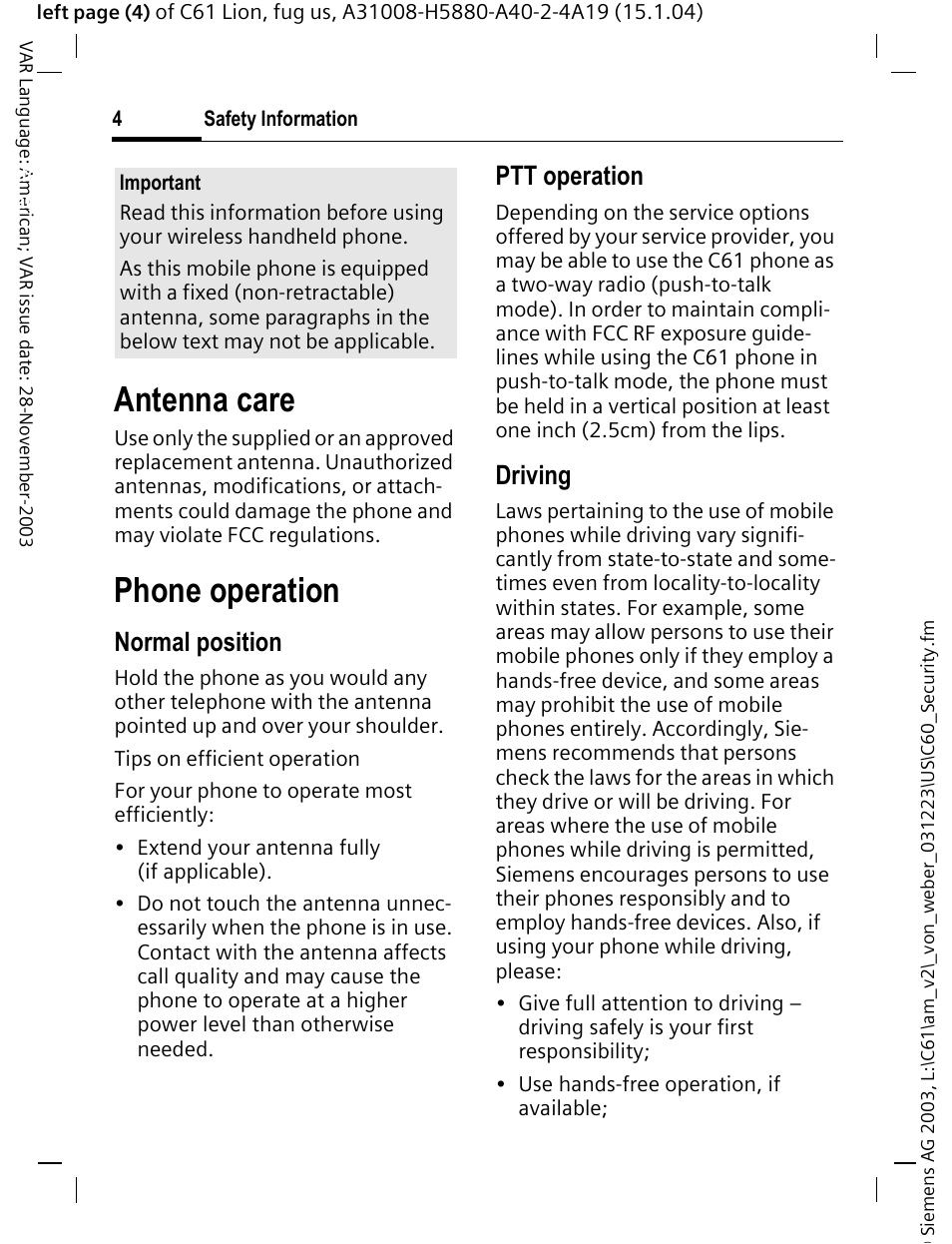 Safety information, Antenna care, Phone operation | Normal position, Ptt operation, Driving | Siemens C61 User Manual | Page 5 / 116