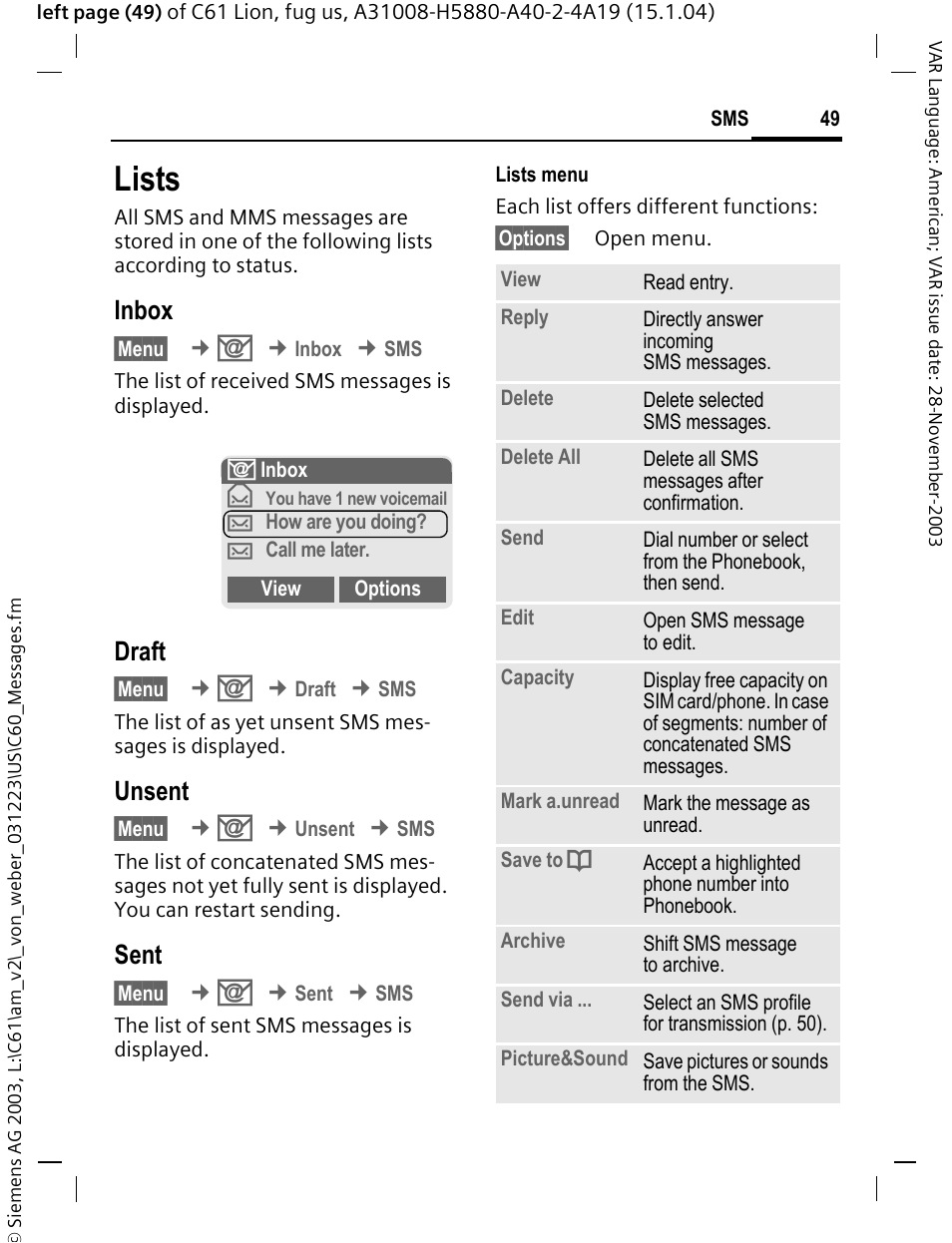 Lists, Inbox, Draft | Unsent, Sent | Siemens C61 User Manual | Page 50 / 116