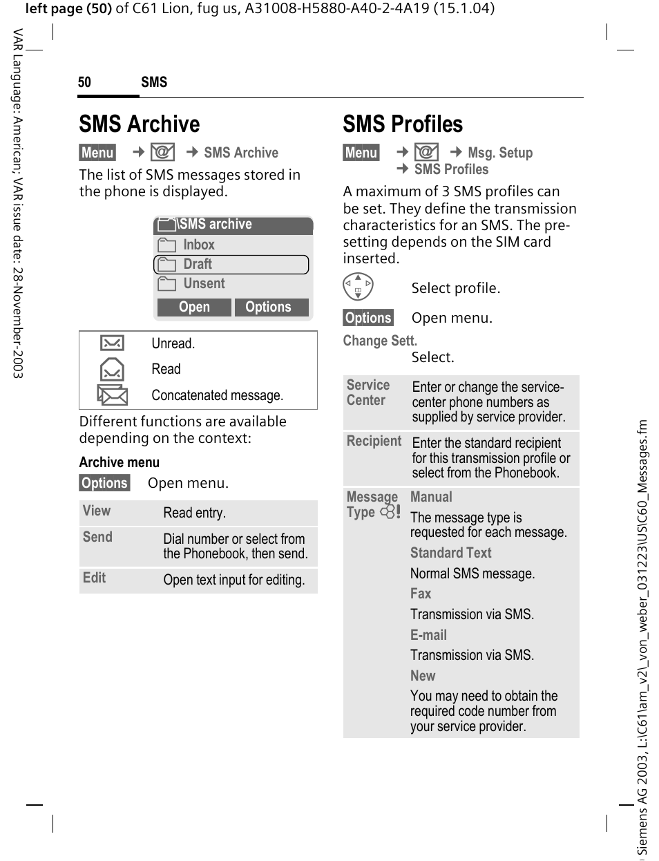 Sms archive, Sms profiles, Sms archive sms profiles | P. 50), P. 50 | Siemens C61 User Manual | Page 51 / 116