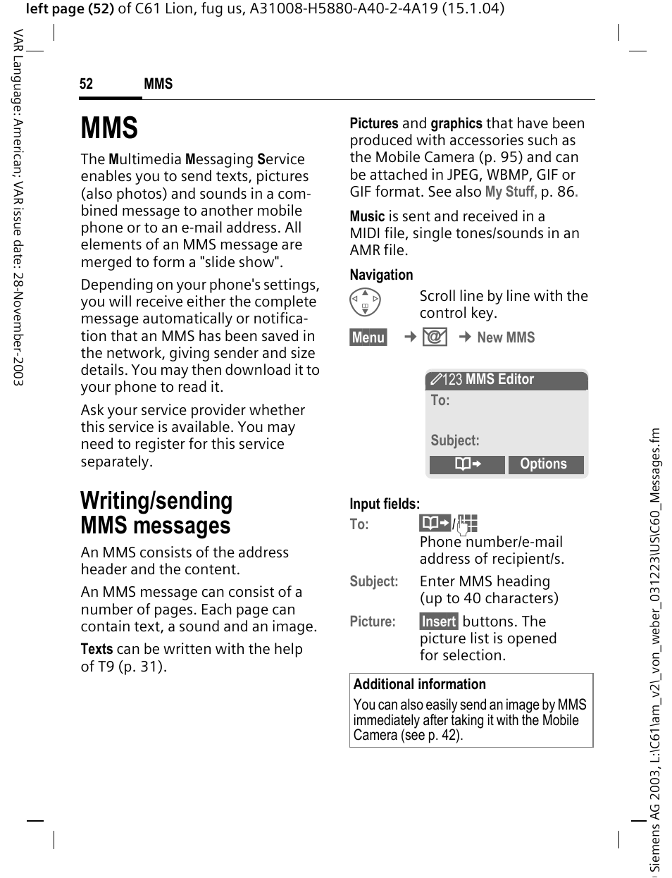 Writing/sending mmsmessages, Writing/sending mms messages | Siemens C61 User Manual | Page 53 / 116