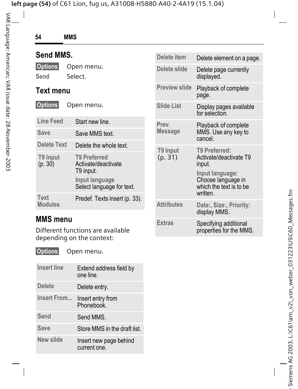 Send mms, Text menu, Mms menu | Siemens C61 User Manual | Page 55 / 116