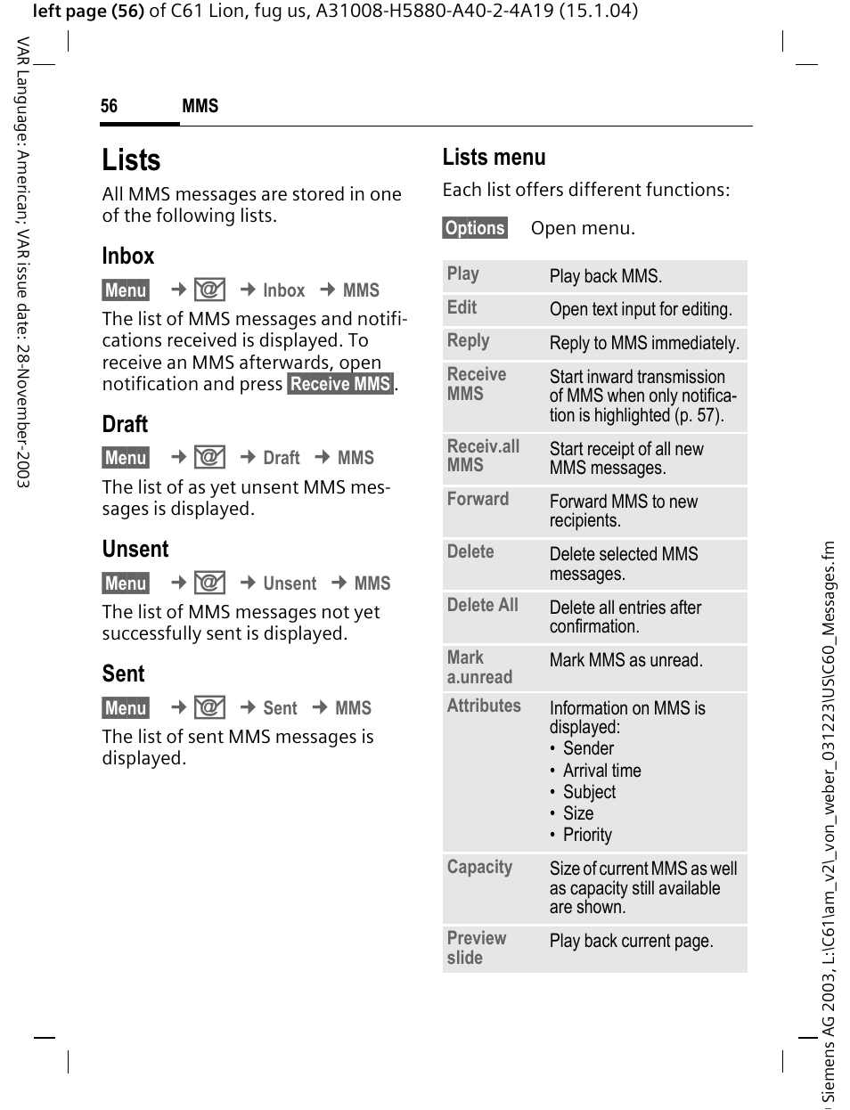 Lists, Inbox, Draft | Unsent, Sent, Lists menu | Siemens C61 User Manual | Page 57 / 116