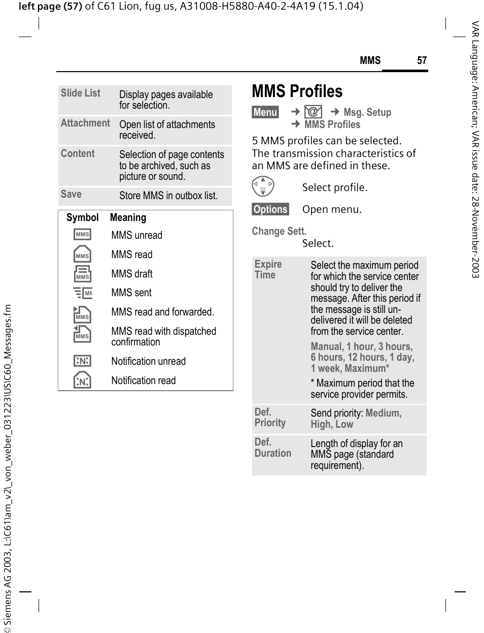 Mms profiles | Siemens C61 User Manual | Page 58 / 116