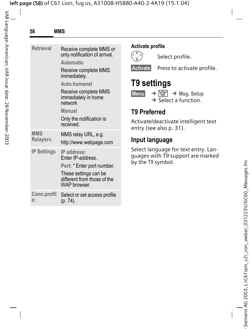 T9 settings, T9 preferred, Input language | Siemens C61 User Manual | Page 59 / 116