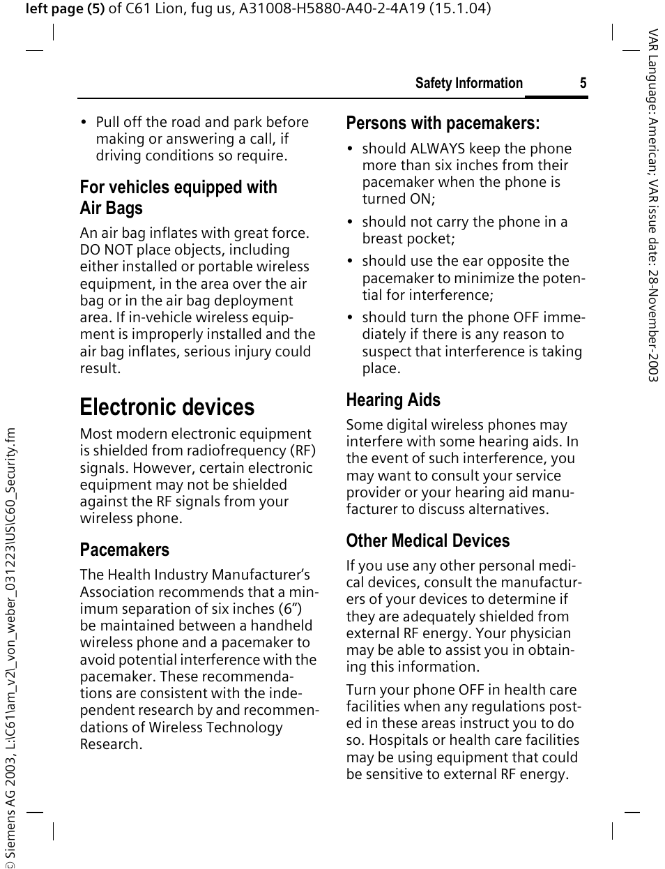 Electronic devices, For vehicles equipped with air bags, Pacemakers | Persons with pacemakers, Hearing aids, Other medical devices | Siemens C61 User Manual | Page 6 / 116