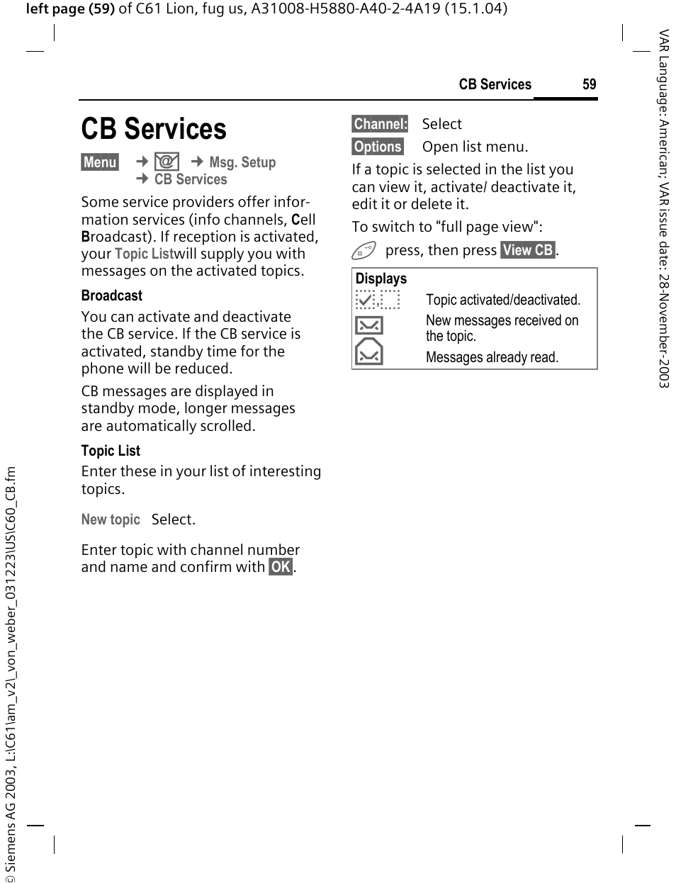 Cb services | Siemens C61 User Manual | Page 60 / 116