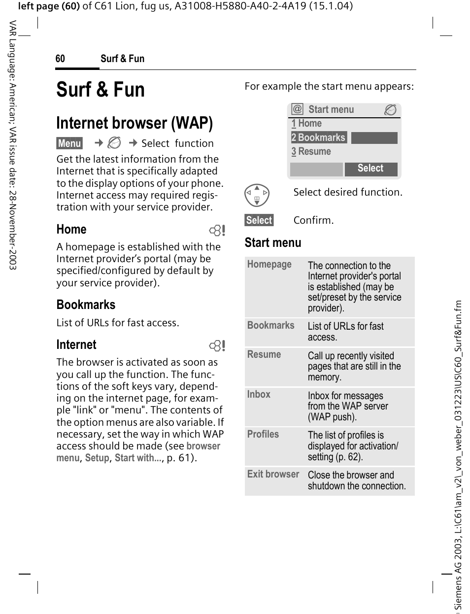 Surf & fun, Internet browser (wap), Home b | Bookmarks, Internet b, Start menu | Siemens C61 User Manual | Page 61 / 116