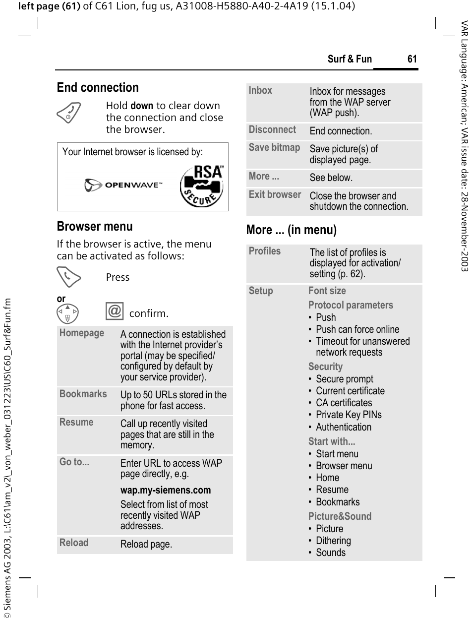 End connection, Browser menu, More ... (in menu) | Siemens C61 User Manual | Page 62 / 116