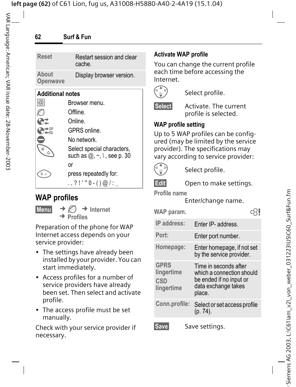 Wap profiles | Siemens C61 User Manual | Page 63 / 116