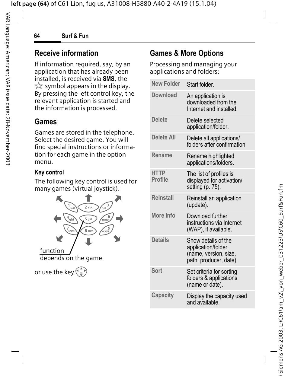 Receive information, Games, Games & more options | Siemens C61 User Manual | Page 65 / 116