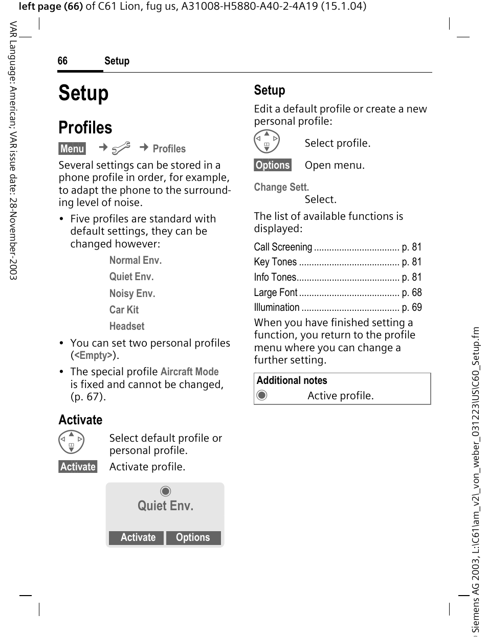 Setup, Profiles, Activate | Quiet env | Siemens C61 User Manual | Page 67 / 116