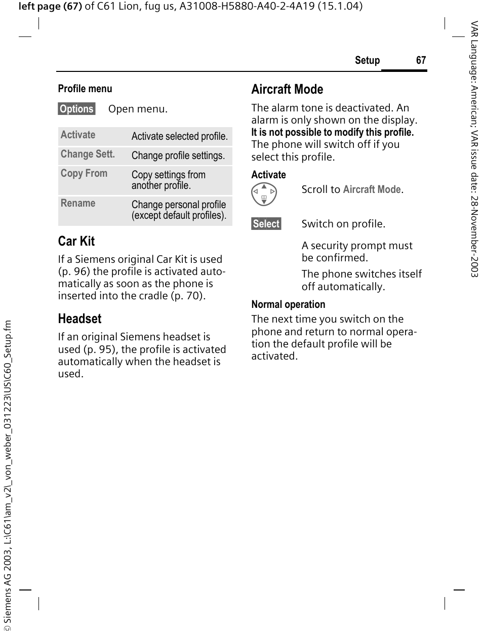 Ee (p. 67), P. 67), Car kit | Headset, Aircraft mode | Siemens C61 User Manual | Page 68 / 116