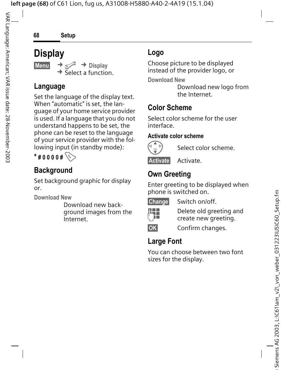 Display, P. 68), Image (p. 68) | Ice system (p. 68), Illumination, P. 69, Language, Background, Logo, Color scheme | Siemens C61 User Manual | Page 69 / 116