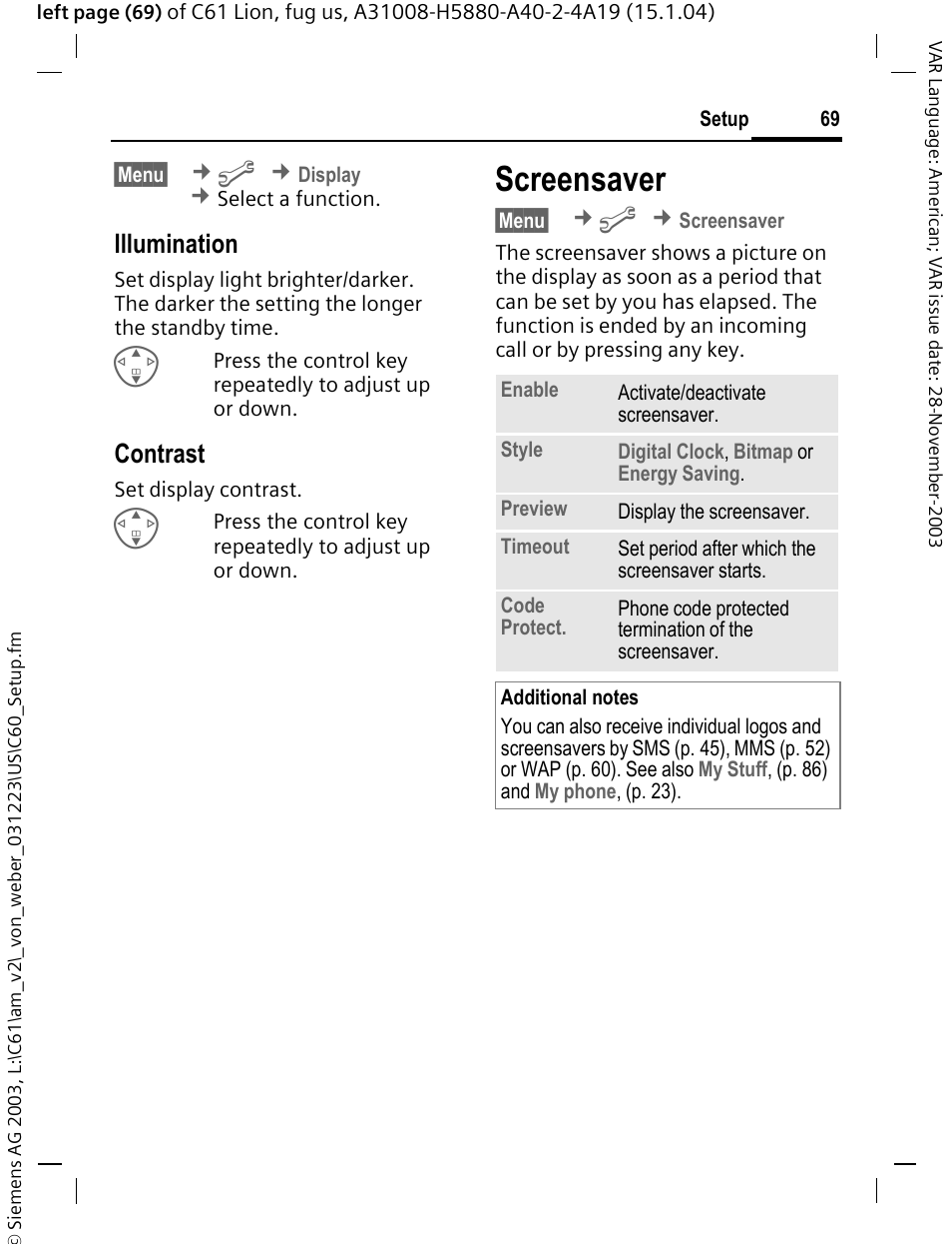 Screensaver, P. 69, E (p. 69) | When you have, Ed setting a, Illumination, Contrast | Siemens C61 User Manual | Page 70 / 116