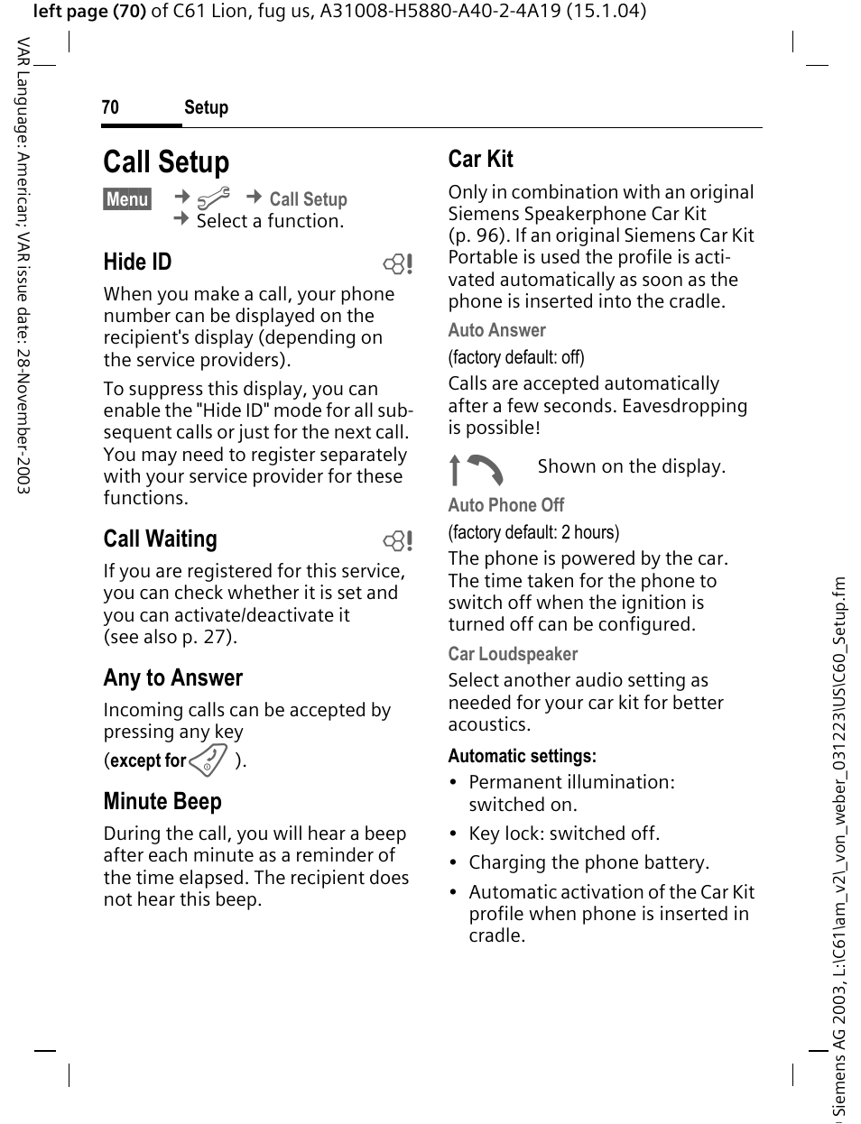 Call setup, P. 70, Hide id b | Call waiting b, Any to answer, Minute beep, Car kit | Siemens C61 User Manual | Page 71 / 116