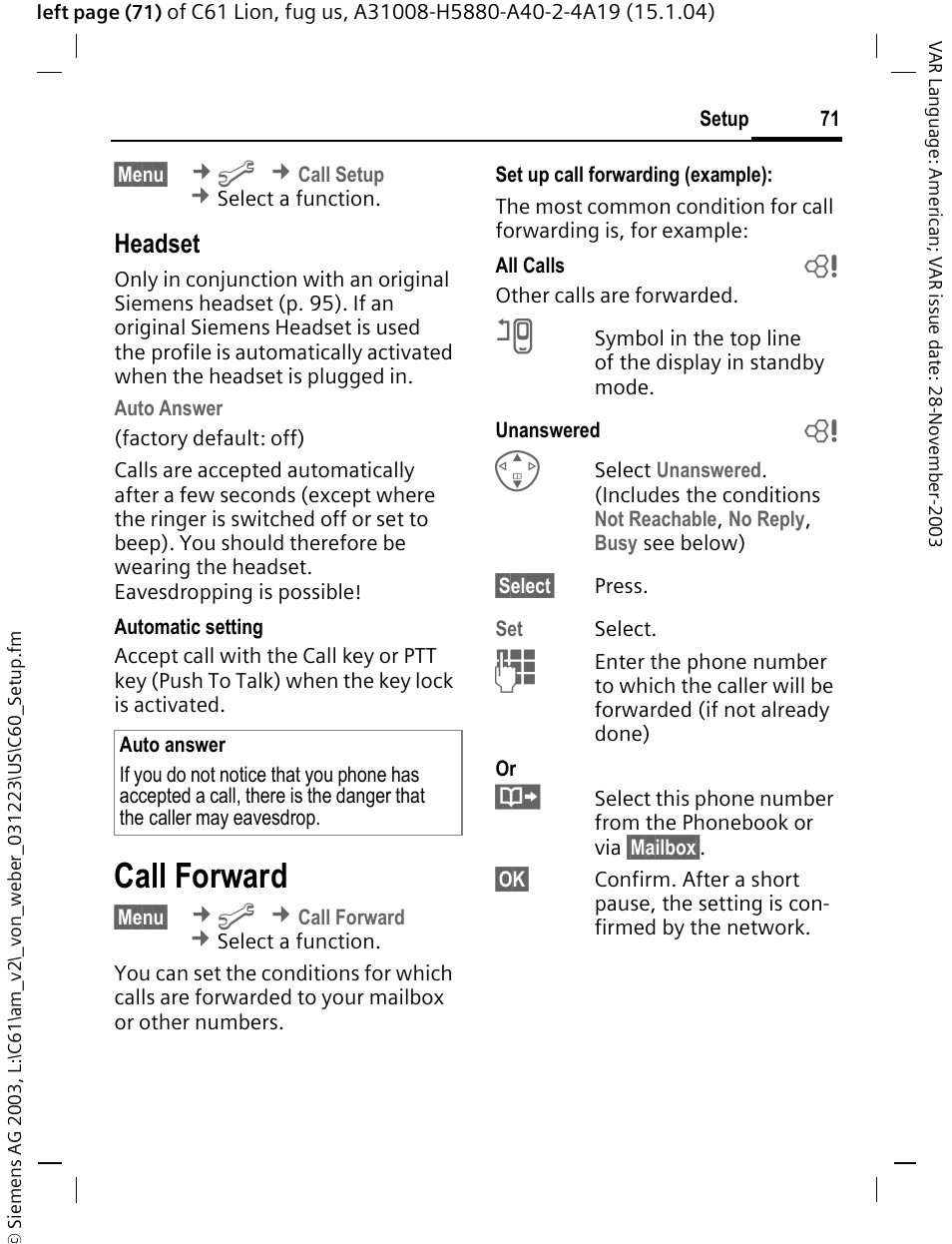 Call forward, P. 71, P. 71) | Headset | Siemens C61 User Manual | Page 72 / 116