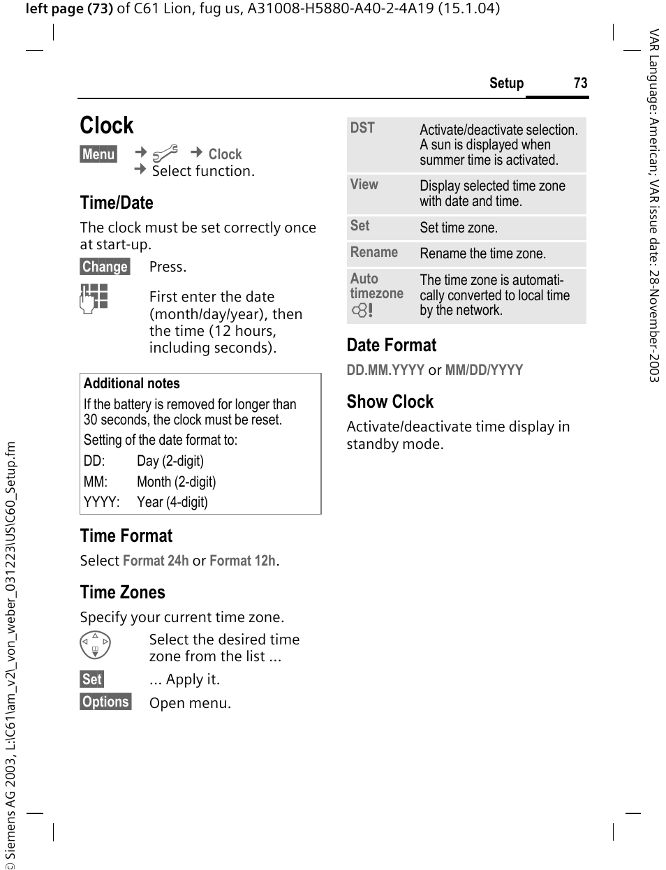 Clock, Time/date, Time format | Time zones, Date format, Show clock | Siemens C61 User Manual | Page 74 / 116