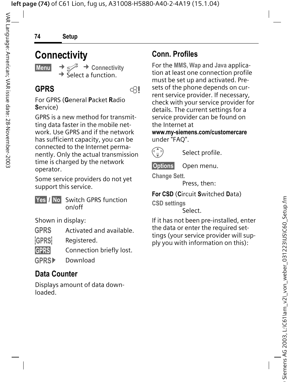 Connectivity, P. 74) mus, Gprs b | Data counter, Conn. profiles | Siemens C61 User Manual | Page 75 / 116