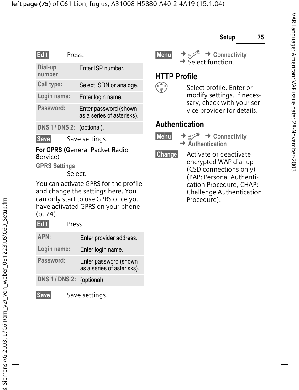 Ile (p. 75), Authentication | Siemens C61 User Manual | Page 76 / 116