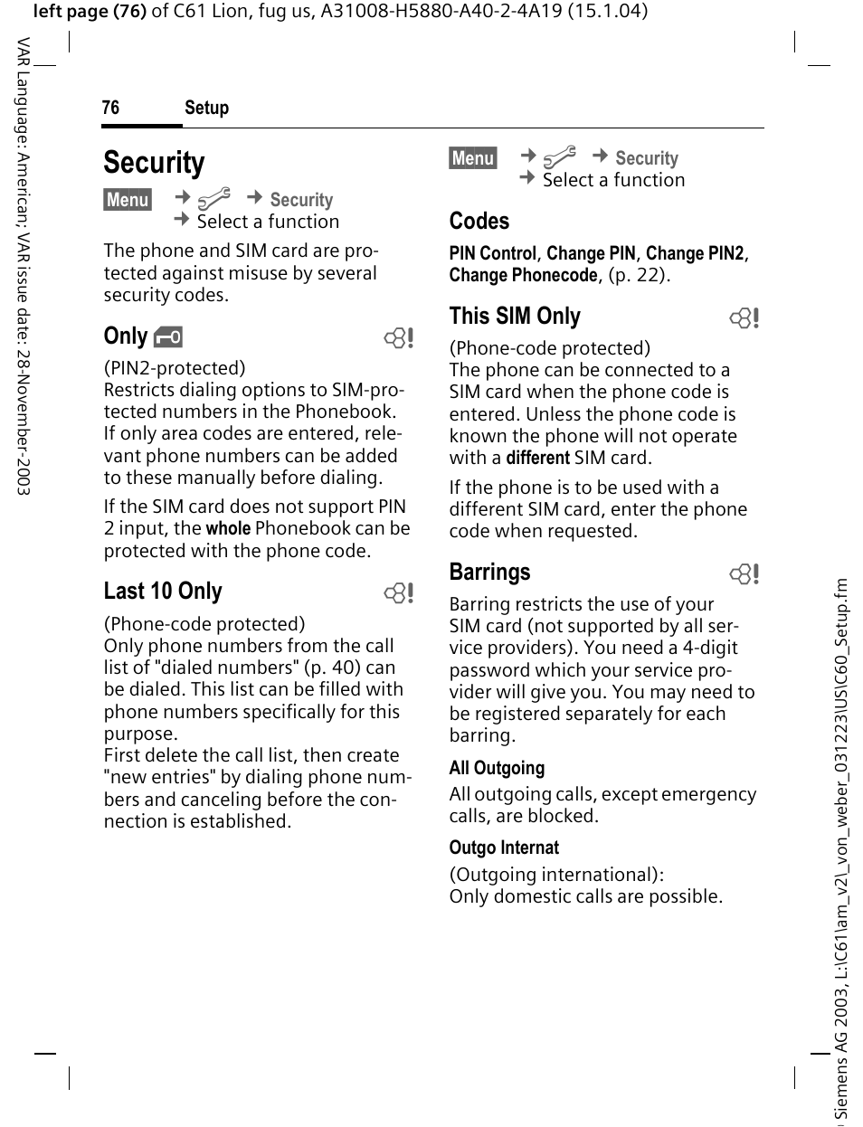 Security, P. 76, Only | Last 10 only b, Codes, This sim only b, Barrings b | Siemens C61 User Manual | Page 77 / 116