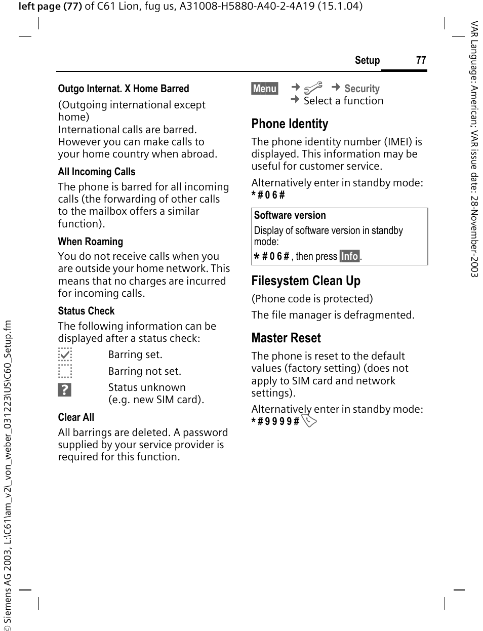 Phone identity, Filesystem clean up, Master reset | Siemens C61 User Manual | Page 78 / 116