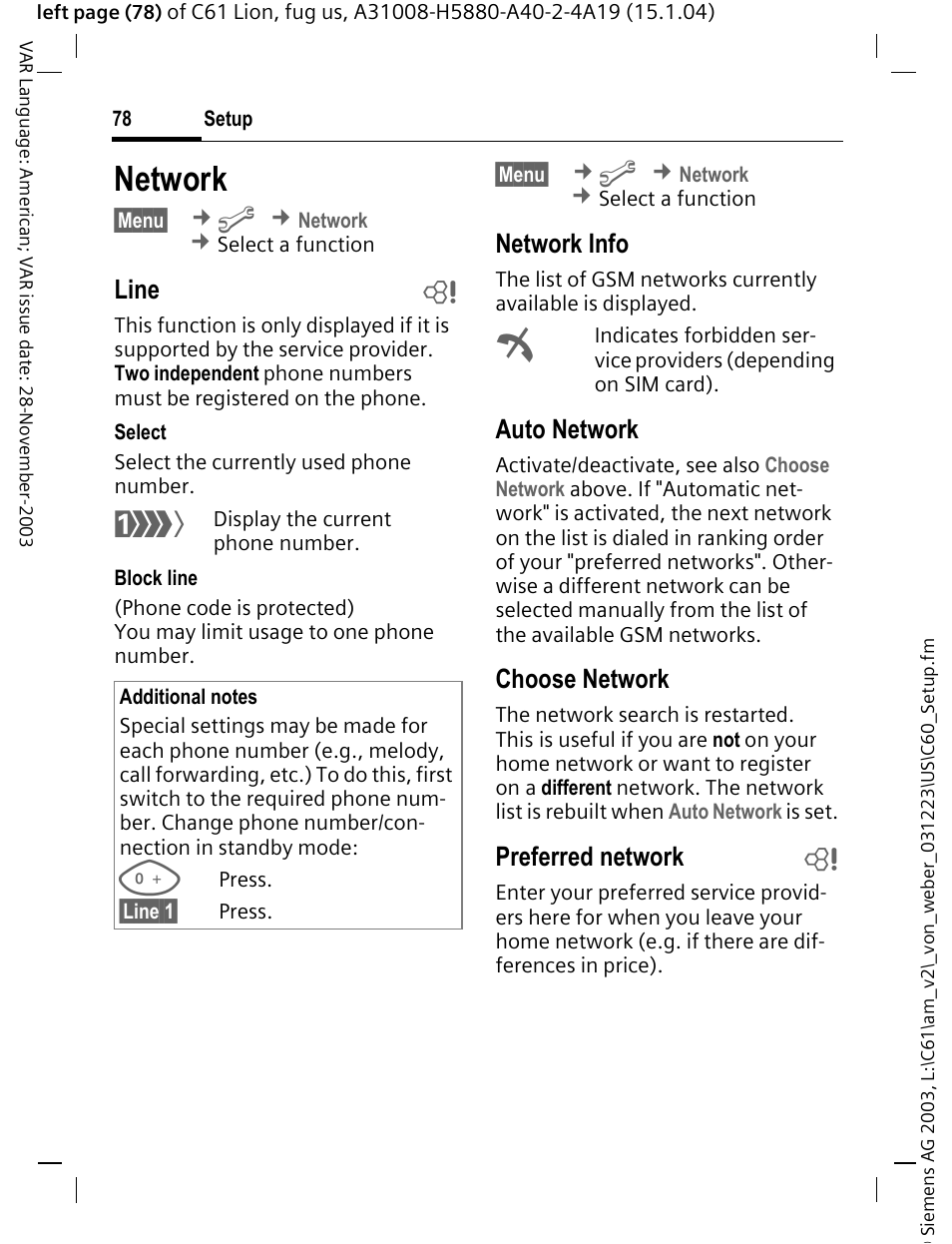 Network, Line b, Network info | Auto network, Choose network, Preferred network b | Siemens C61 User Manual | Page 79 / 116