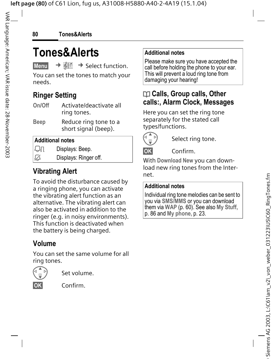 Tones&alerts, P. 80), Al dates (p. 80) | P. 80, Ringer setting, Vibrating alert, Volume | Siemens C61 User Manual | Page 81 / 116