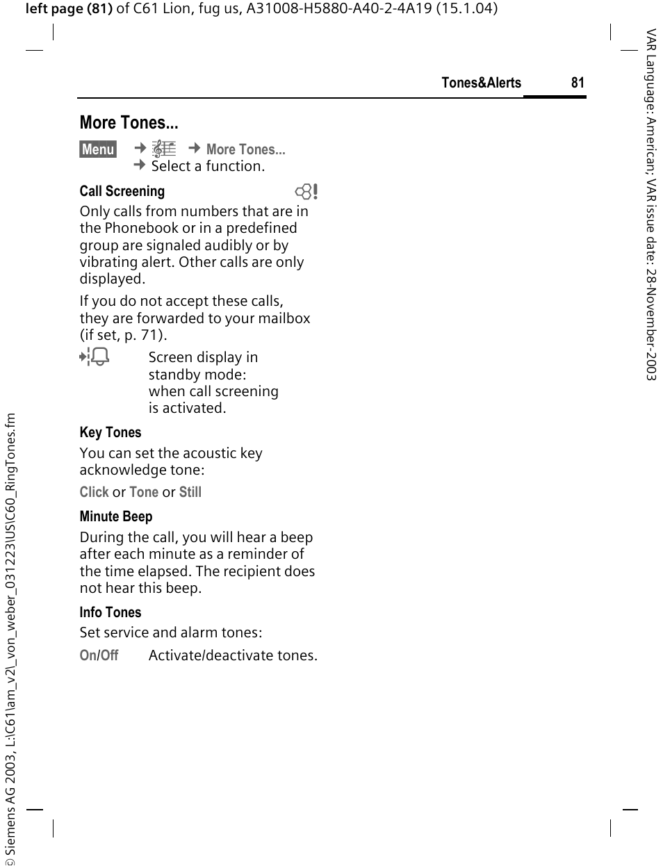 P. 81), Key tones, P. 81 info tones | P. 81 large font, P. 68, More tones | Siemens C61 User Manual | Page 82 / 116