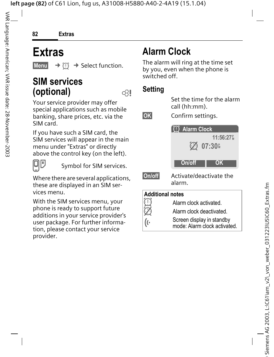 Extras, Sim services (optional) b, Alarm clock | Sim services, Optional), Setting, Z 07:30 | Siemens C61 User Manual | Page 83 / 116