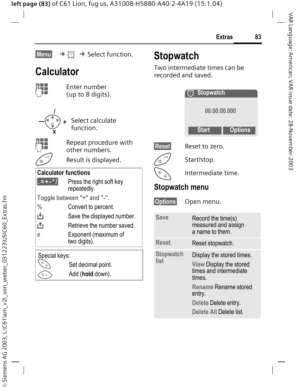 Calculator, Stopwatch, Stopwatch menu | Siemens C61 User Manual | Page 84 / 116