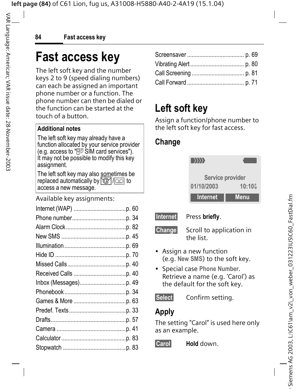 Fast access key, Left soft key, Change | Apply | Siemens C61 User Manual | Page 85 / 116