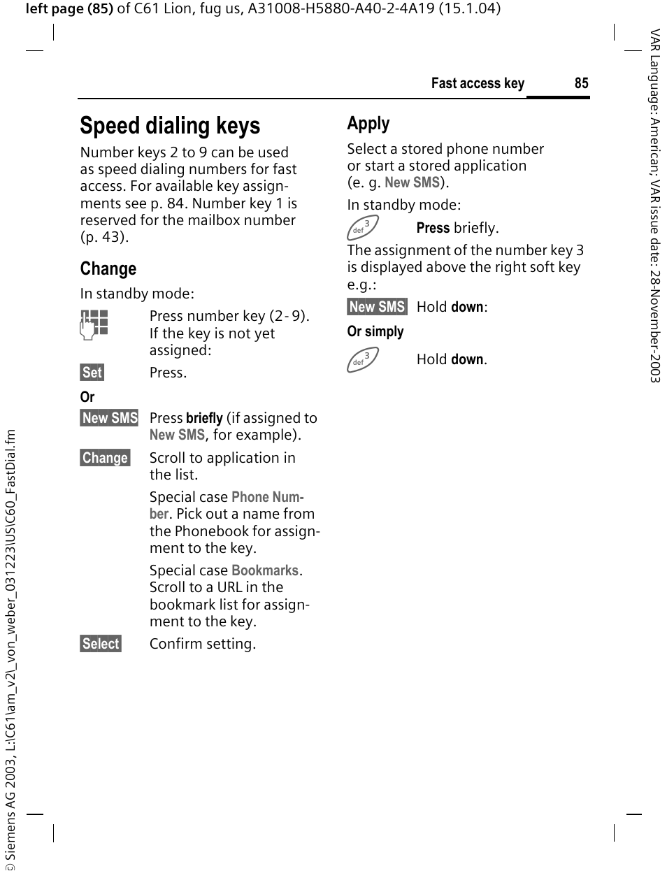 Speed dialing keys, Change, Apply | Siemens C61 User Manual | Page 86 / 116