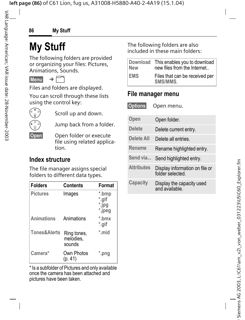 My stuff, P. 86, P. 86) | P. 86 and, Index structure, File manager menu | Siemens C61 User Manual | Page 87 / 116