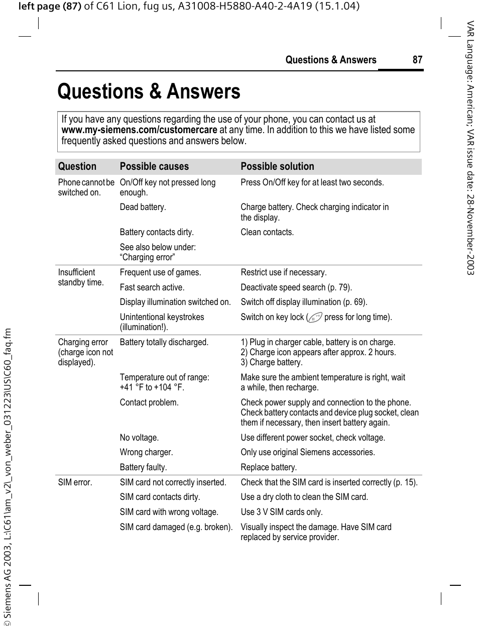 Questions & answers | Siemens C61 User Manual | Page 88 / 116