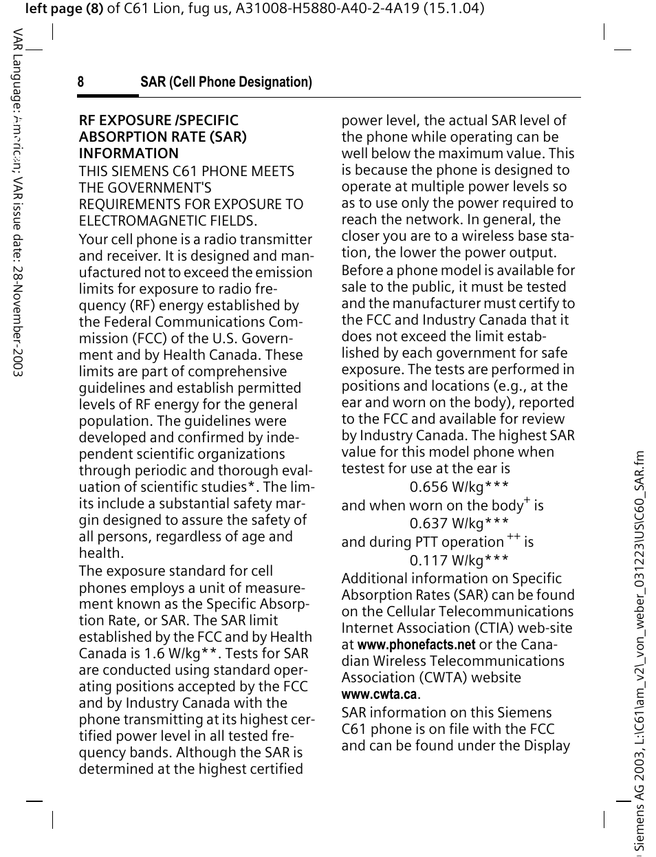 Sar (cell phone designation) | Siemens C61 User Manual | Page 9 / 116