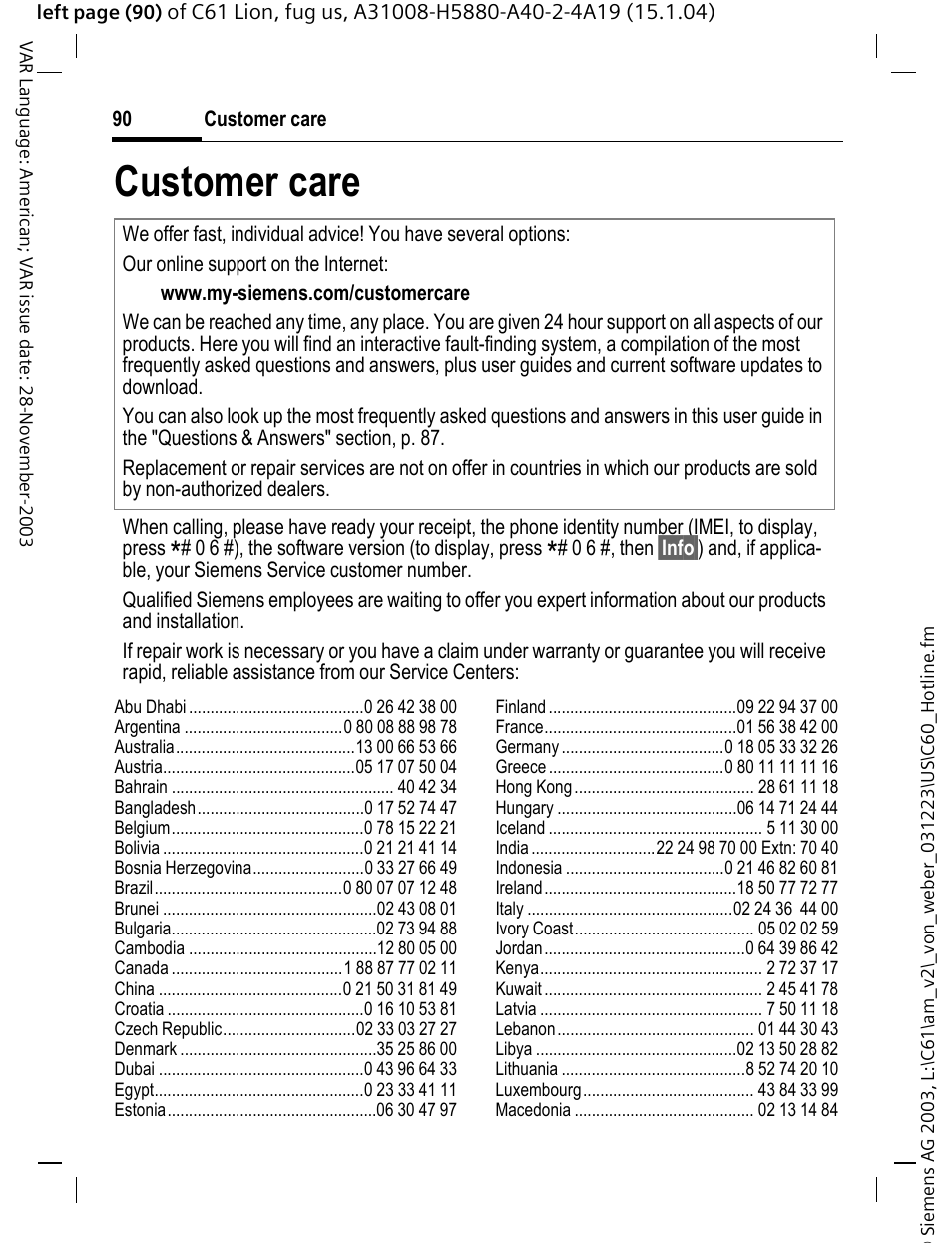 Customer care, P. 90), Ice (p. 90) | Siemens C61 User Manual | Page 91 / 116