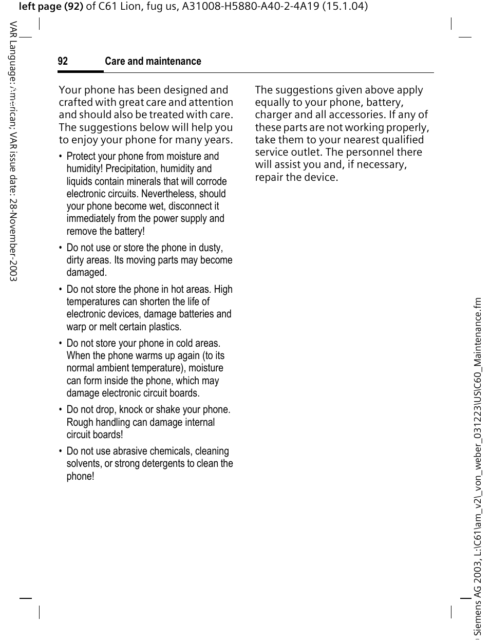 Care and maintenance | Siemens C61 User Manual | Page 93 / 116