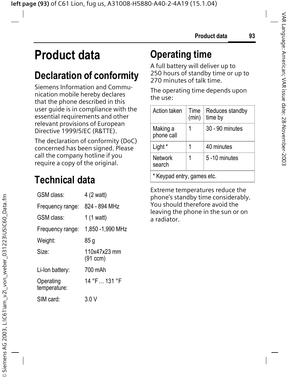 Product data, Declaration of conformity, Technical data operating time | Siemens C61 User Manual | Page 94 / 116