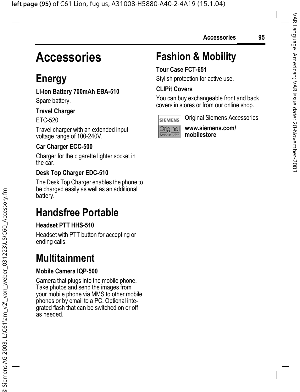 Accessories, P. 95), Mera (p. 95) an | Energy, Handsfree portable, Multitainment, Fashion & mobility | Siemens C61 User Manual | Page 96 / 116