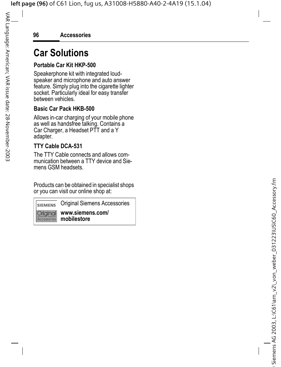 Car solutions | Siemens C61 User Manual | Page 97 / 116