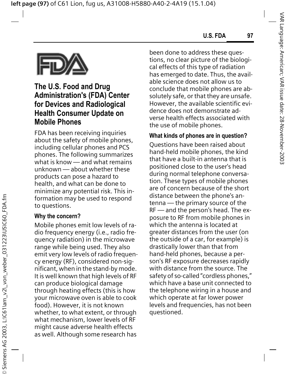 U.s. fda | Siemens C61 User Manual | Page 98 / 116