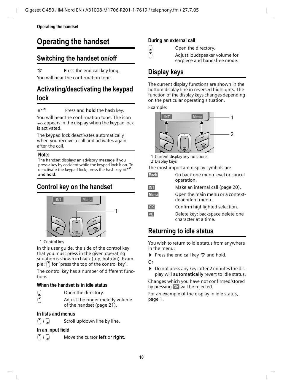 Operating the handset, Switching the handset on/off, Activating/deactivating the keypad lock | Control key on the handset, Display keys, Returning to idle status | Siemens C450 User Manual | Page 11 / 33