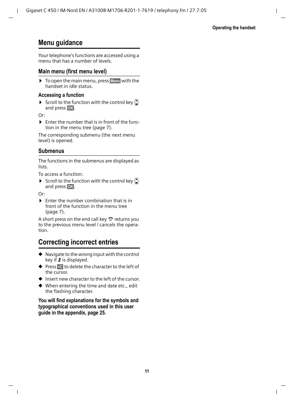 Main menu (first menu level), Submenus, Correcting incorrect entries | Menu guidance | Siemens C450 User Manual | Page 12 / 33