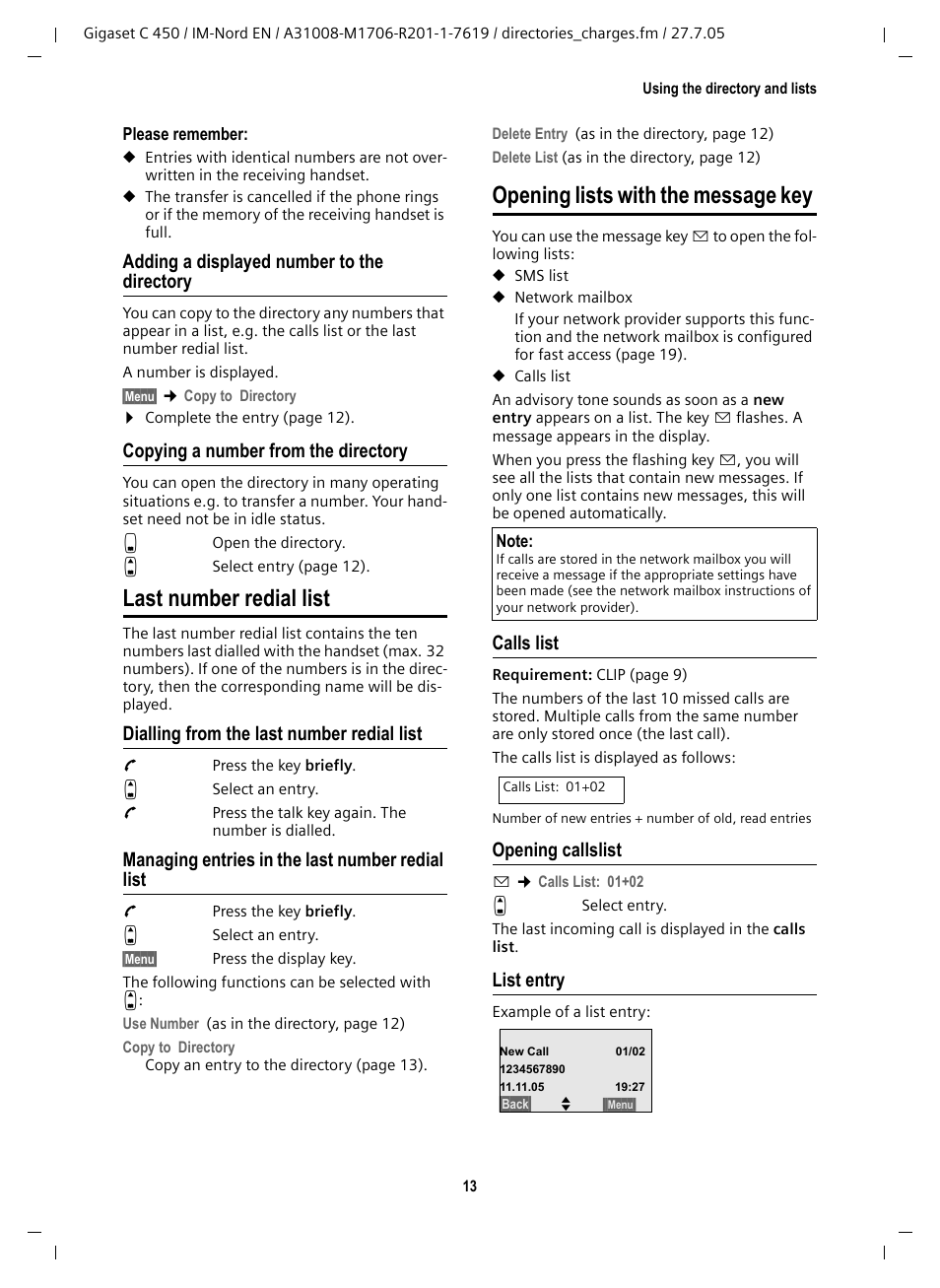 Adding a displayed number to the directory, Copying a number from the directory, Last number redial list | Dialling from the last number redial list, Managing entries in the last number redial list, Opening lists with the message key, Calls list, Opening callslist, List entry | Siemens C450 User Manual | Page 14 / 33