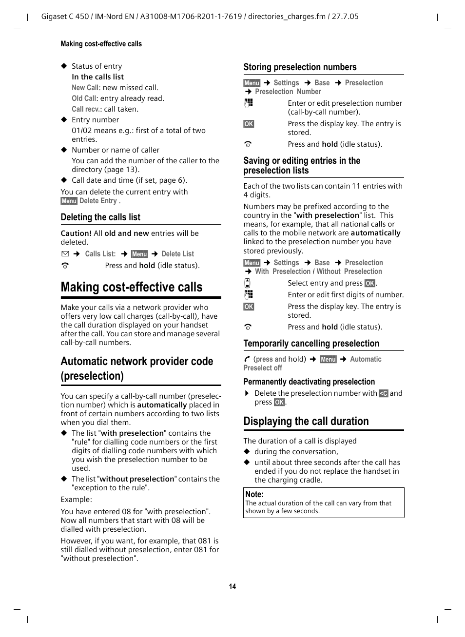 Deleting the calls list, Making cost-effective calls, Automatic network provider code (preselection) | Storing preselection numbers, Temporarily cancelling preselection, Displaying the call duration, Automatic network provider code, Preselection) | Siemens C450 User Manual | Page 15 / 33