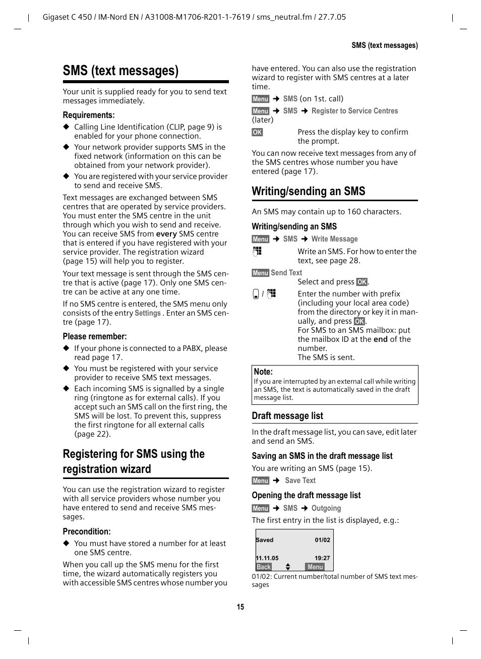 Sms (text messages), Registering for sms using the registration wizard, Writing/sending an sms | Draft message list, Registering for sms using the, Registration wizard | Siemens C450 User Manual | Page 16 / 33