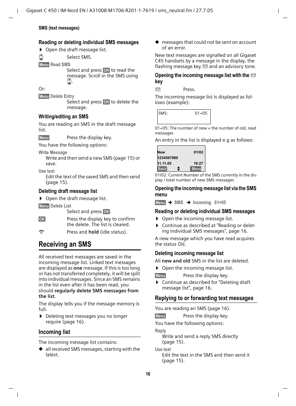 Receiving an sms, Incoming list, Replying to or forwarding text messages | Siemens C450 User Manual | Page 17 / 33