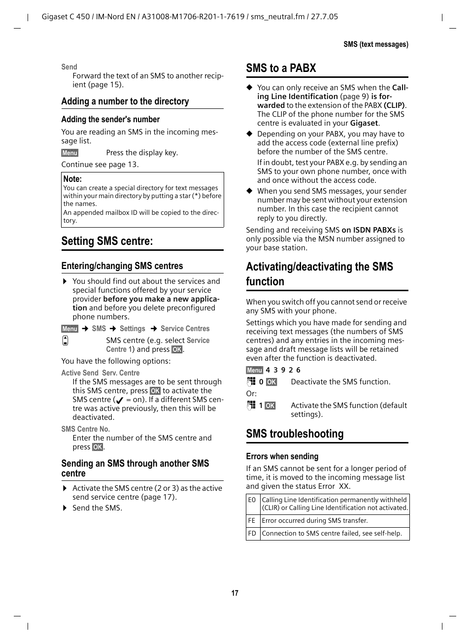 Adding a number to the directory, Setting sms centre, Entering/changing sms centres | Sending an sms through another sms centre, Activating/deactivating the sms function, Sms troubleshooting, Sms to a pabx | Siemens C450 User Manual | Page 18 / 33